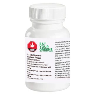 1:1 THC CBN Nighttime Live Rosin Soft Gels - 30 x 10mg (Eat Your Greens)