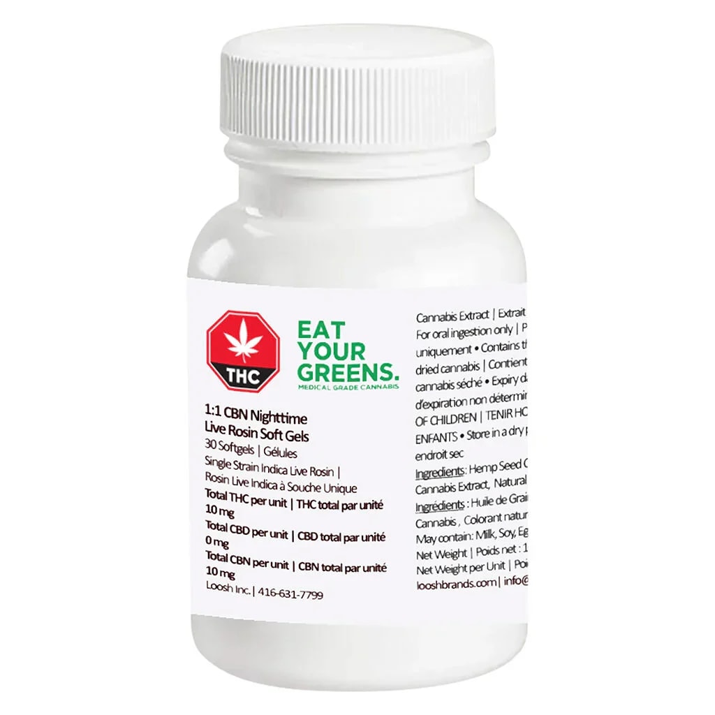 1:1 THC CBN Nighttime Live Rosin Soft Gels - 30 x 10mg (Eat Your Greens)